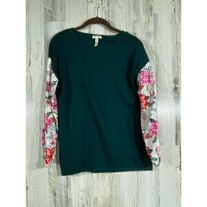 Matilda Jane Womens Shirt Sz Small Teal Green Floral Multimedia Contrast Sleeve